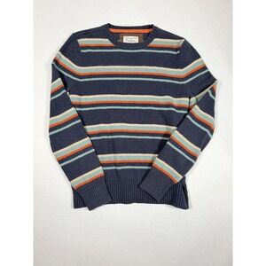 Fossil Sweater Mens Large Blue Striped Lambswool Cotton Crew Neck Pullover